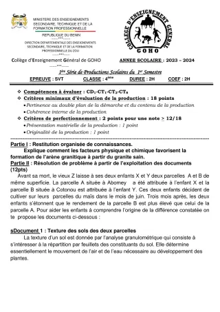Première page de SVT 4e — 1re production scolaire, 1er semestre (2023-2024) · CEG GOHO