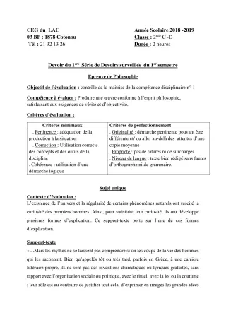 Première page de Philosophie 2nde C, 2nde D — 1er devoir surveillé, 1er semestre (2018-2019) · CEG du Lac