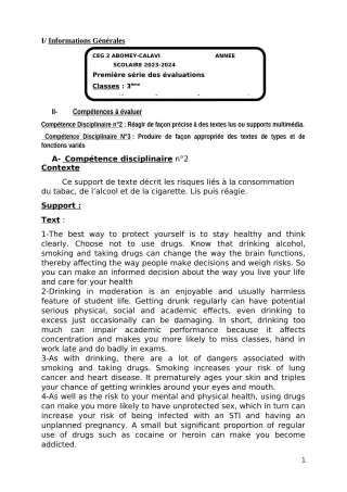 Première page de Anglais 3e — 1re évaluation sommative, 1er semestre (2023-2024) · CEG2 ABOMEY - CALAVI (CEG ZOCA)