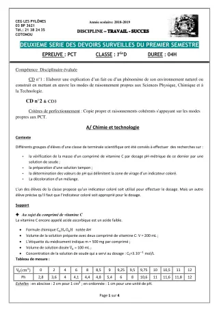 Première page de PCT Tle D — 2e devoir surveillé, 1er semestre (2018-2019) · CEG Les Pylônes