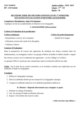 Première page de Histoire-Géographie 2nde C, 2nde D — 2e devoir surveillé, 1er semestre (2018-2019) · CEG PAHOU