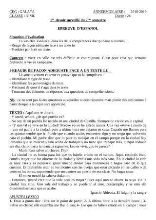 Première page de Espagnol 4e ML, 3e ML — Devoir surveillé, 2e semestre (2018-2019) · CEG Galata