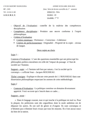 Première page de Philosophie 1ère D — 2e devoir surveillé, 1er semestre (2018-2019) · Lycée Houegbadja d'Abomey (Ex Mafory Bangoura)