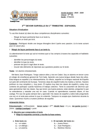 Première page de Espagnol 3e ML — 2e devoir surveillé, 1er trimestre (2019-2020) · CPEG LE PHARAON