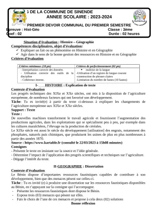 Première page de Histoire-Géographie 3e — 1er devoir surveillé, 1er semestre (2023-2024) · CEG SEKERE