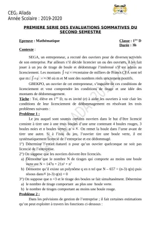 Première page de Mathématiques 6e, 4e, 4e ML, 3e, 3e ML, 2nde A & B, 2nde D, 1ère D — Évaluation sommative, 2e semestre (2019-2020) · CEG 2 Allada