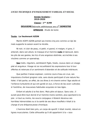 Première page de Français 2nde HR, 2nde TOURISME, 1ère EFS, 1ère HR, 1ère TOURISME, Tle EFS, Tle HR, Tle TOURISME, 1NI Cuisine, 2NI Cuisine, 3NI Cuisine — 2e devoir surveillé, 2e semestre (2019-2020) · LT EFS