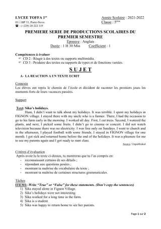 Première page de Anglais 5e — 1re production scolaire, 1er semestre (2021-2022) · Lycée Toffa 1er