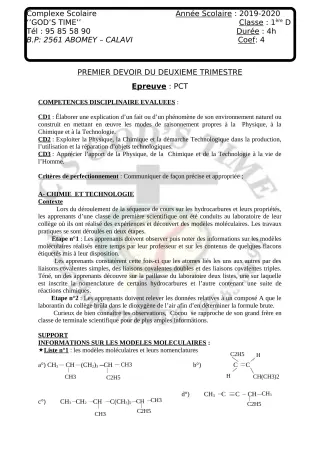 Première page de PCT 1ère D — 1er devoir surveillé, 2e trimestre (2019-2020) · CPEG GOD'S TIME