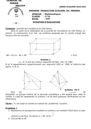 Première page de Mathématiques 6e, 5e, 4e, 3e, 3e ML, 2nde A, 2nde D, 1ère A, 1ère D, Tle A, Tle D — 1re production scolaire, 1er semestre (2020-2021) · CEG Perma