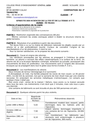 Première page de SVT 4e, 4e ML — Composition, 1er trimestre (2019-2020) · CPEG LICA