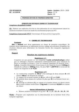 Première page de PCT 1ère D — 1er devoir surveillé, 1er semestre (2019-2020) · CEG Kpanroun