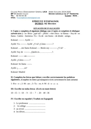 Première page de Espagnol 4e, 4e ML — Devoir surveillé, 1er trimestre (2019-2020) · CPEG LICA