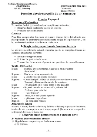 Première page de Espagnol 4e — 1er devoir surveillé, 1er semestre (2020-2021) · CEG Lobozounkpa