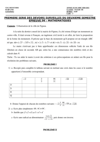 Première page de Mathématiques 2nde A & B, 2nde A1, 2nde A2, 2nde B — 1er devoir surveillé, 2e semestre (2020-2021) · CEG HOUEYIHO