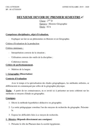 Première page de Histoire-Géographie 2nde D — 2e devoir surveillé, 1er semestre (2019-2020) · CEG Attogon