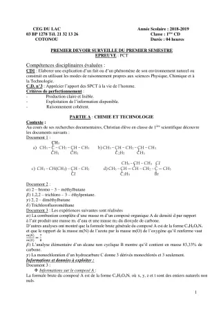 Première page de PCT 1ère C, 1ère D — 1er devoir surveillé, 1er semestre (2019-2020) · CPEG LICA