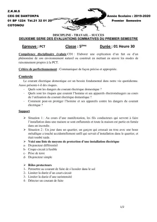 Première page de PCT 5e — 2e évaluation sommative, 1er semestre (2019-2020) · CEG Dantokpa