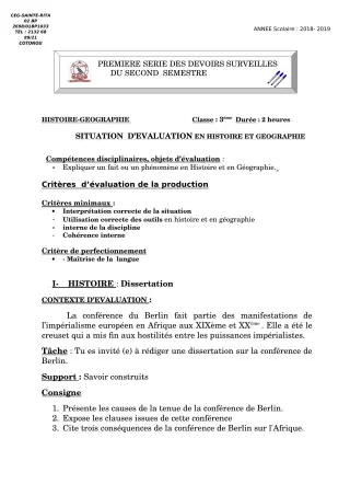 Première page de Histoire-Géographie 6e, 5e, 4e ML&MC, 3e, 3e ML, 2nde A & B, 2nde C, 2nde D, 1ère A, 1ère B, 1ère C, 1ère D, Tle C, Tle D — 1er devoir surveillé, 2e semestre (2018-2019) · CEG Sainte Rita