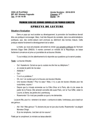 Première page de Français 3e ML — 1er devoir surveillé, 1er semestre (2018-2019) · CEG Le Plateau