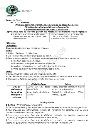 Première page de Histoire-Géographie 6e — 1re évaluation sommative, 2e semestre (2018-2019) · CEG Lobozounkpa