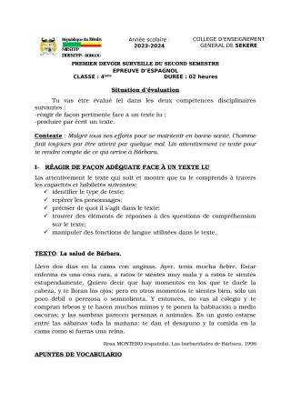Première page de Espagnol 4e — 1er devoir surveillé, 2e semestre (2023-2024) · CEG SEKERE