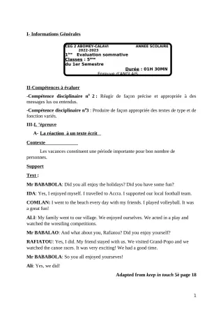 Première page de Anglais 5e — 1re évaluation sommative, 1er semestre (2022-2023) · CEG2 ABOMEY - CALAVI (CEG ZOCA)