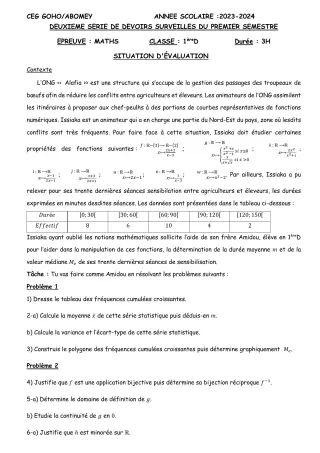 Première page de Mathématiques 1ère D — 2e devoir surveillé, 1er semestre (2023-2024) · CEG GOHO