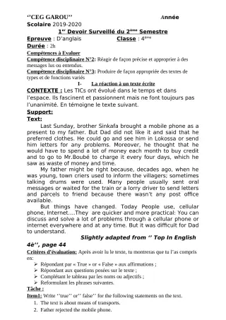 Première page de Anglais 4e — 1er devoir surveillé, 2e semestre (2019-2020) · CEG GAROU
