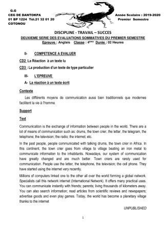 Première page de Anglais 4e ML&MC — 2e évaluation sommative, 1er semestre (2019-2020) · CEG Dantokpa