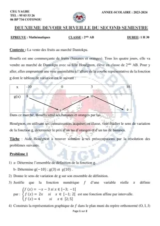 Première page de Mathématiques 2nde A1, 2nde A2, 2nde B — 2e devoir surveillé, 2e semestre (2023-2024) · CEG Yagbe