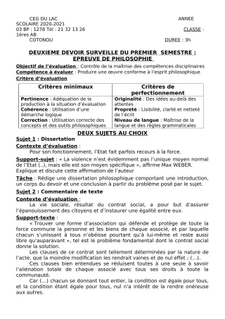 Première page de Philosophie 1ère A2, 1ère B — 2e devoir surveillé, 1er semestre (2020-2021) · CEG du Lac