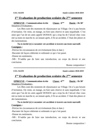 Première page de Français 6e — 1re production scolaire, 2e semestre (2018-2019) · CEG Agon