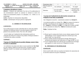 Première page de PCT 3e, 3e ML — 2e devoir surveillé, 1er semestre (2019-2020) · CEG Hubert C. MAGA