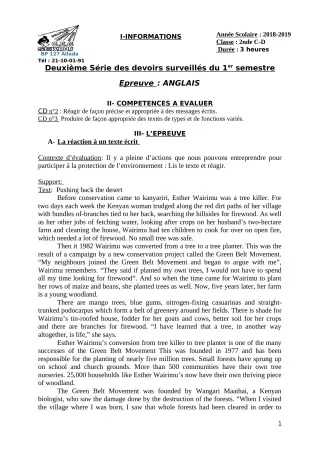 Première page de Anglais 2nde C, 2nde D — 2e devoir surveillé, 1er semestre (2018-2019) · CEG Sékou