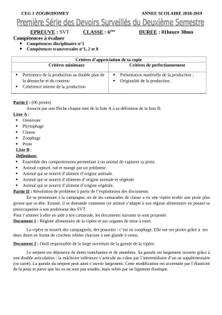 Première page de SVT 6e, 5e, 4e, 4e ML, 3e, 3e ML, 2nde A & B, 2nde C, 2nde D, 1ère A & B, 1ère C, 1ère D, Tle A & B, Tle C, Tle D — 1er devoir surveillé, 2e semestre (2018-2019) · CEG 1 ZOGBODOMEY