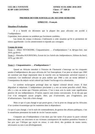 Première page de Français 1ère A2, 1ère B, 1ère C, 1ère D — 1er devoir surveillé, 2e semestre (2018-2019) · CEG L'Entente