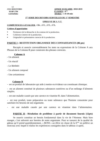 Première page de SVT 6e — 1er devoir surveillé, 1er semestre (2018-2019) · CEG HOUEYIHO