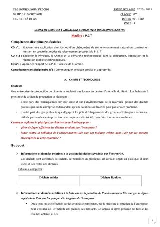 Première page de PCT 6e — 2e évaluation sommative, 2e semestre (2020-2021) · CEG Kouhounou-Vêdoko