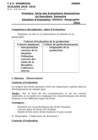 Première page de Histoire-Géographie 4e, 4e ML — 1re évaluation sommative, 2e semestre (2018-2019) · CEG Kpanroun