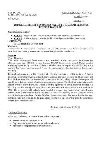 Première page de Anglais 3e, 3e ML — 2e devoir surveillé, 2e semestre (2020-2021) · CEG du Lac