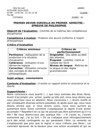 Première page de Philosophie Tle A2, Tle B — 1er devoir surveillé, 1er semestre (2019-2020) · CEG du Lac