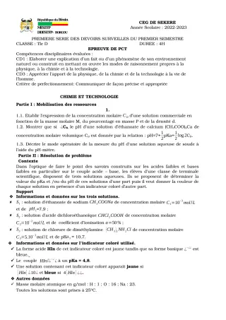 Première page de PCT Tle D — 1er devoir surveillé, 1er semestre (2022-2023) · CEG SEKERE