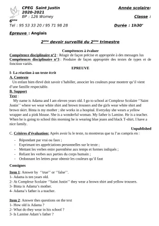 Première page de Anglais 6e, 2nde A1, 2nde A2, 2nde B, 2nde C, 2nde D, 1ère A1, 1ère A2, 1ère B, 1ère C, 1ère D — 2e devoir surveillé, 2e trimestre (2020-2021) · CPEG SAINT Justin
