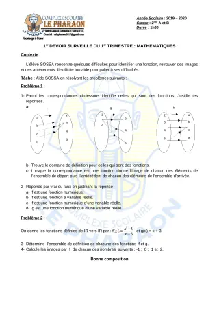 Première page de Mathématiques 2nde A, 2nde B — 1er devoir surveillé, 1er trimestre (2019-2020) · CPEG LE PHARAON