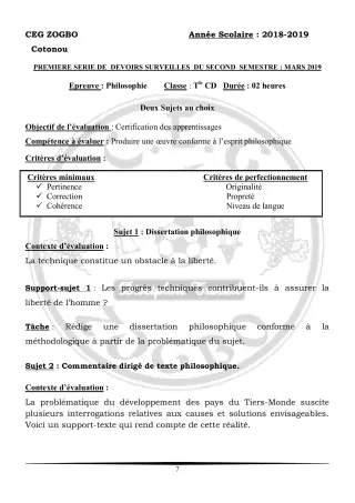 Première page de Philosophie Tle A1, Tle A2, Tle B, Tle C, Tle D — 1er devoir surveillé, 2e semestre (2018-2019) · CEG ZOGBO