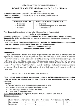 Première page de Philosophie Tle C, Tle D — Devoir surveillé (2019-2020) · CPEG Roger LAFIA