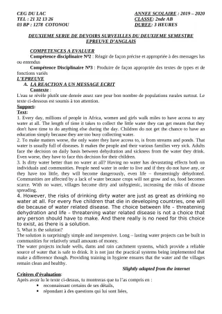 Première page de Anglais 2nde B — 2e devoir surveillé, 2e semestre (2019-2020) · CEG du Lac