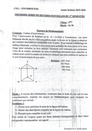 Première page de Mathématiques 5e — 1er devoir surveillé, 1er semestre (2018-2019) · CEG TOUMBOUTOU