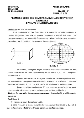 Première page de Mathématiques 6e — 1er devoir surveillé, 1er semestre (2021-2022) · CEG PAHOU